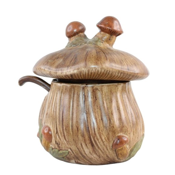 Vintage Hand Painted MCM Ceramic Mushroom Sugar Bowl Lid Matching Spoon Set - Picture 3 of 10